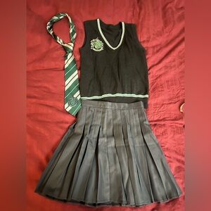Black and Green Harry Potter Slytherin Sweater Vest with Tie and Pleated Skirt